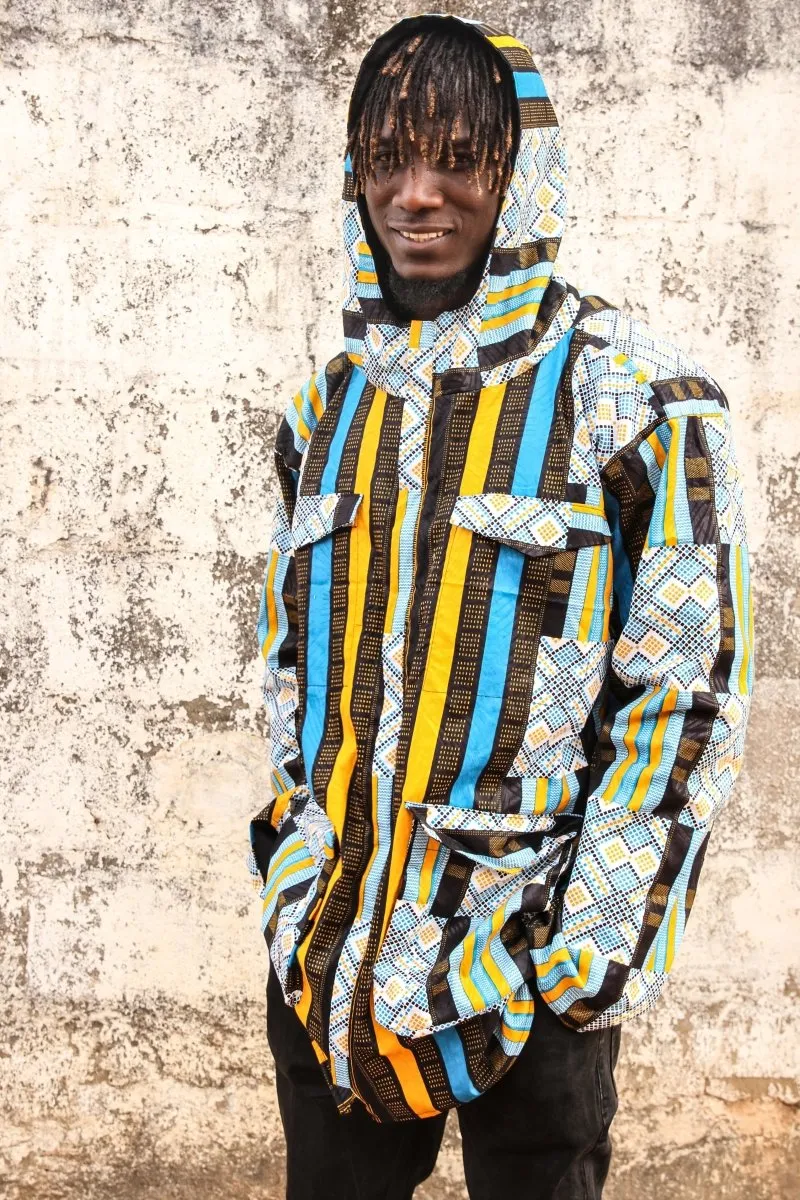 African Hooded Jacket In Blue Kente