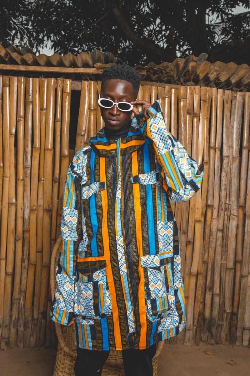 African Hooded Jacket In Blue Kente