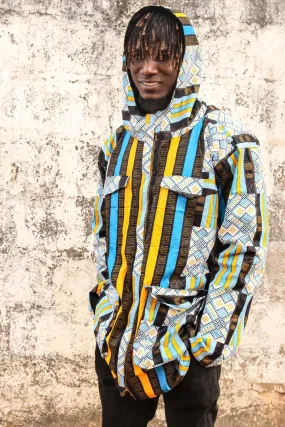 African Hooded Jacket In Blue Kente