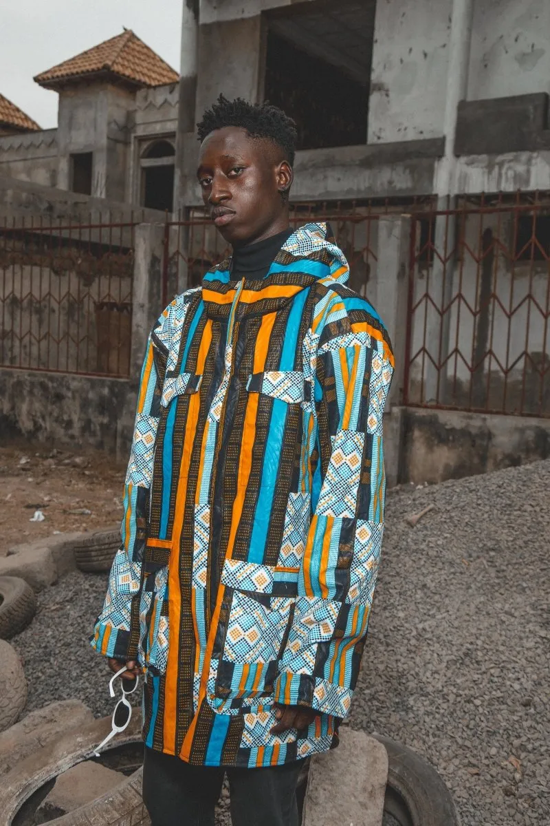 African Hooded Jacket In Blue Kente