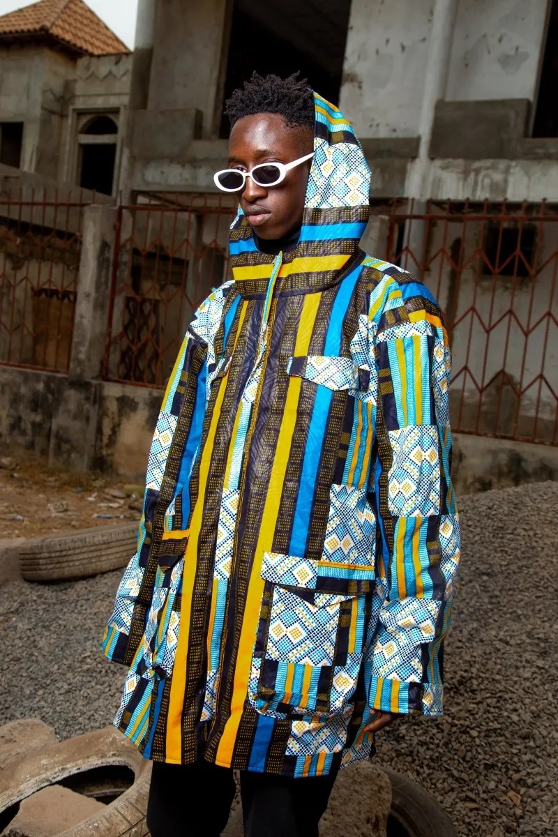 African Hooded Jacket In Blue Kente