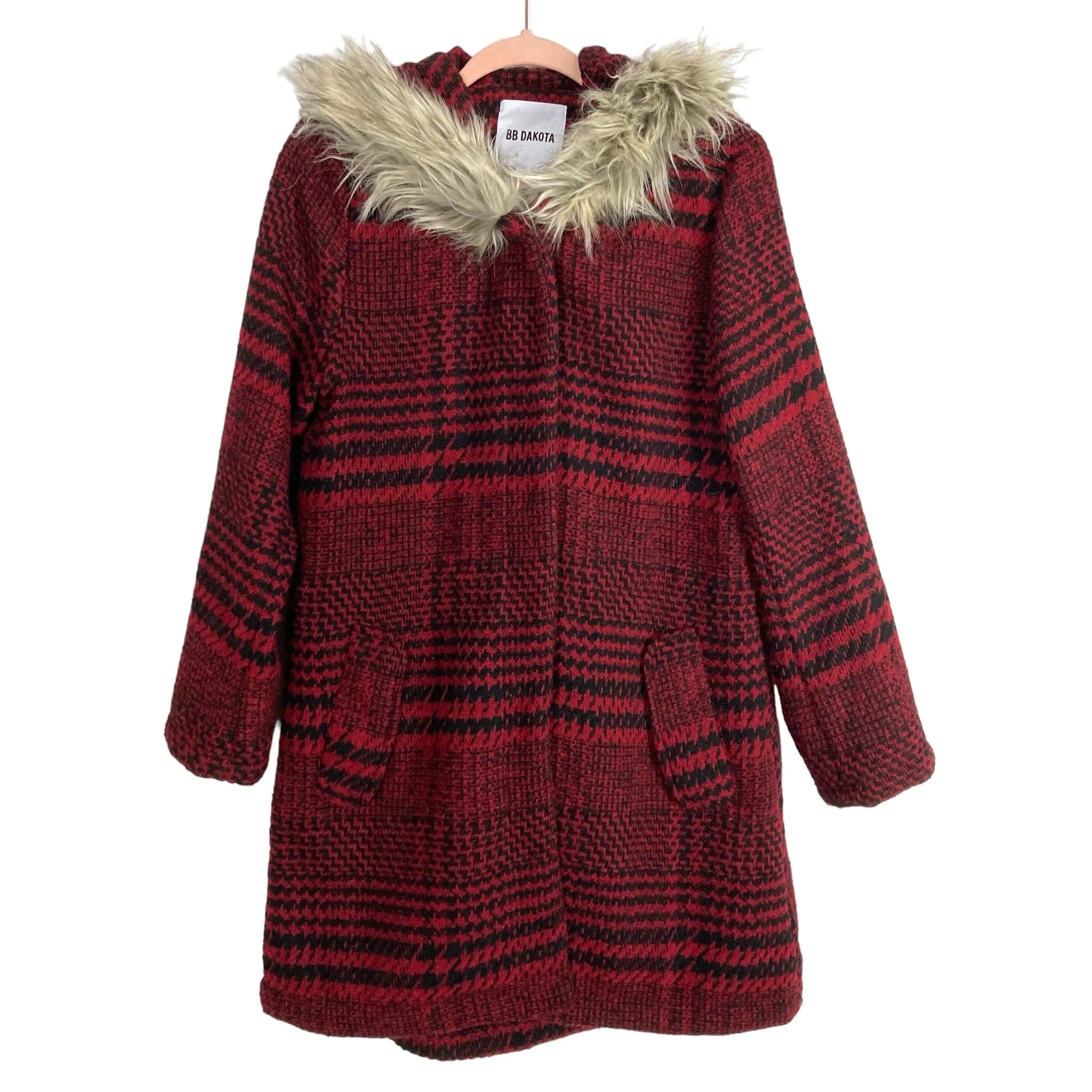 BB Dakota Red and Black Faux Fur Lined Hooded Jacket- Size S (see notes, sold out online)