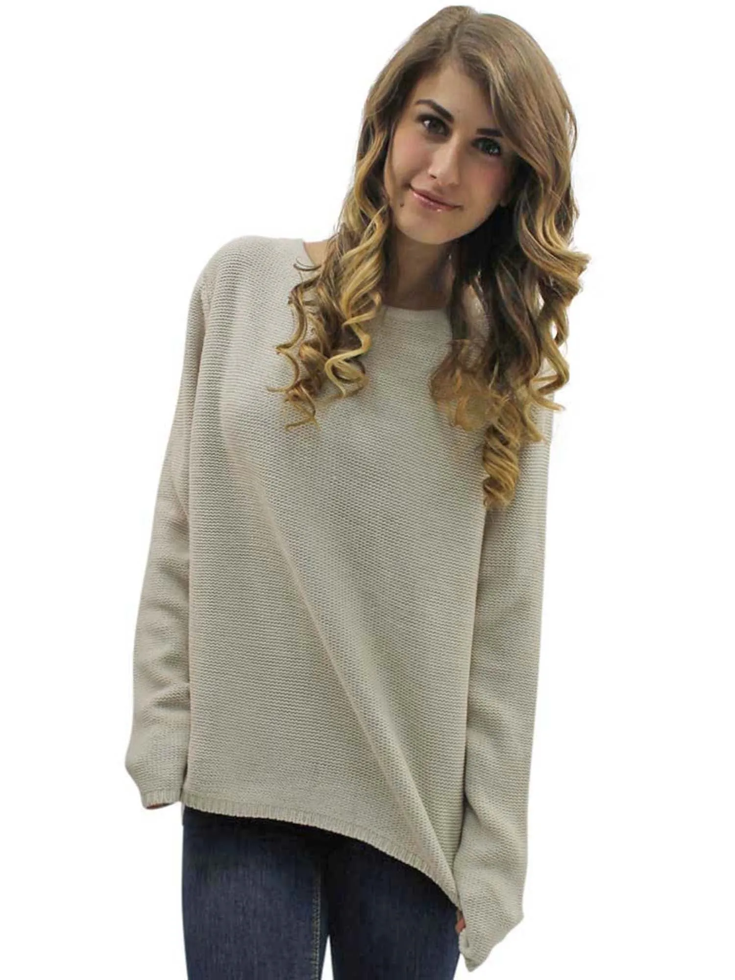 Beige Classic Knit Sweater With Chiffon Zippered Back