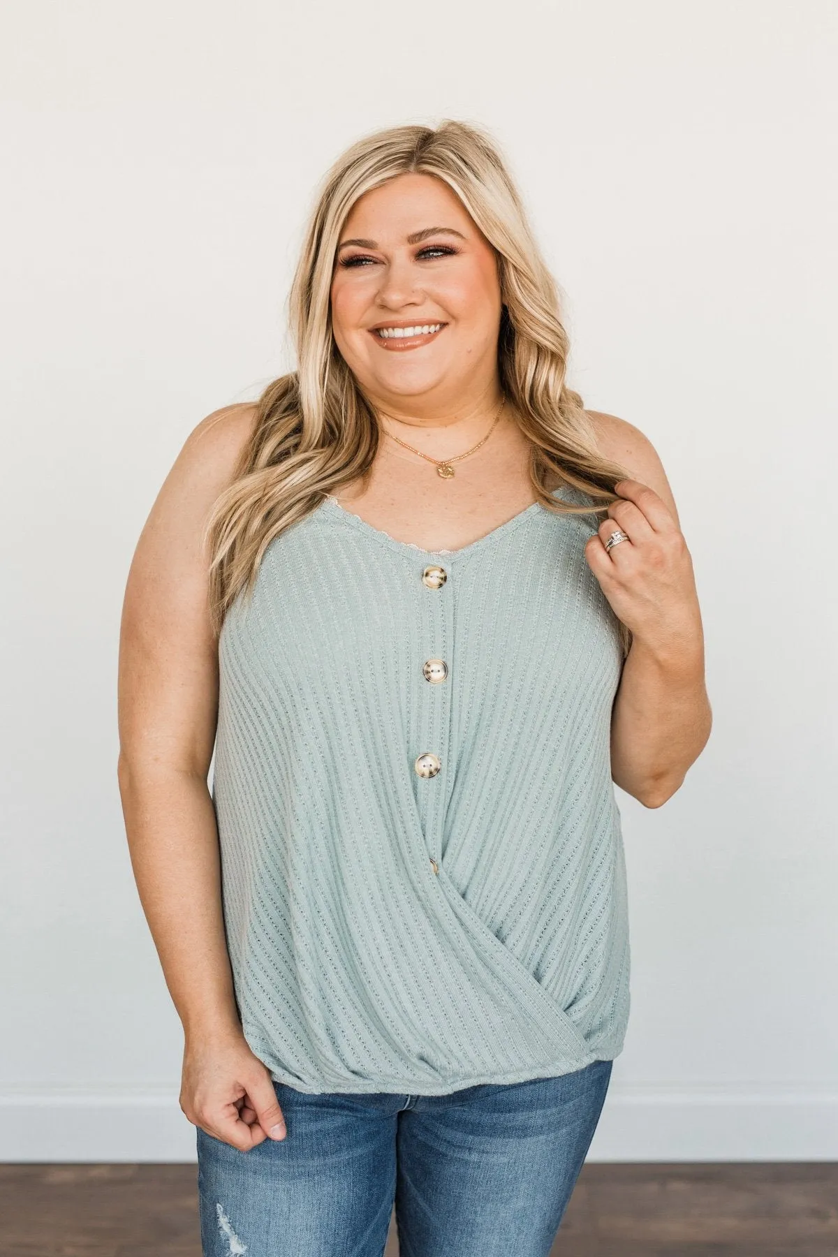 Beyond Charmed Wrap Tank Top- Dusty Sage