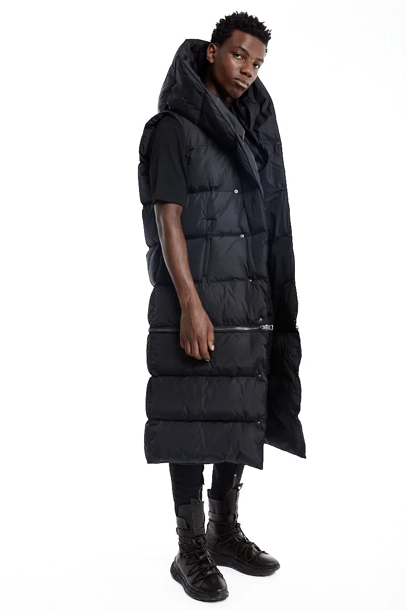 BLACK LONG SLEEVELESS PADDED DOWN JACKET