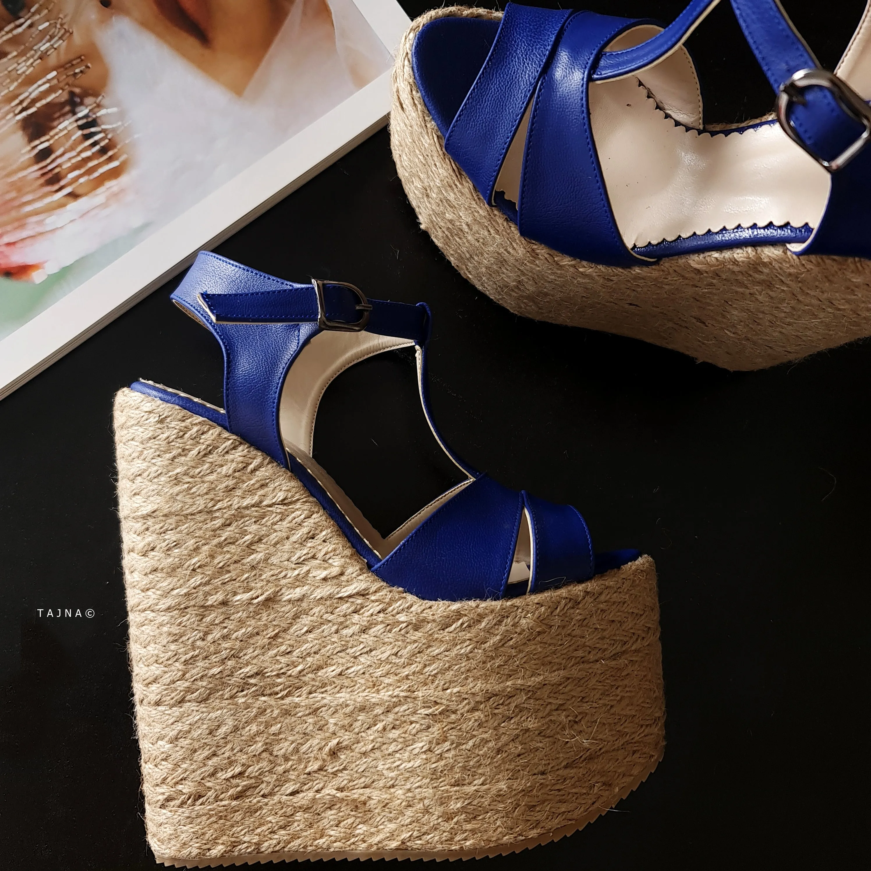 Blue T-Strap High Heel Wedge Platform Espadrils