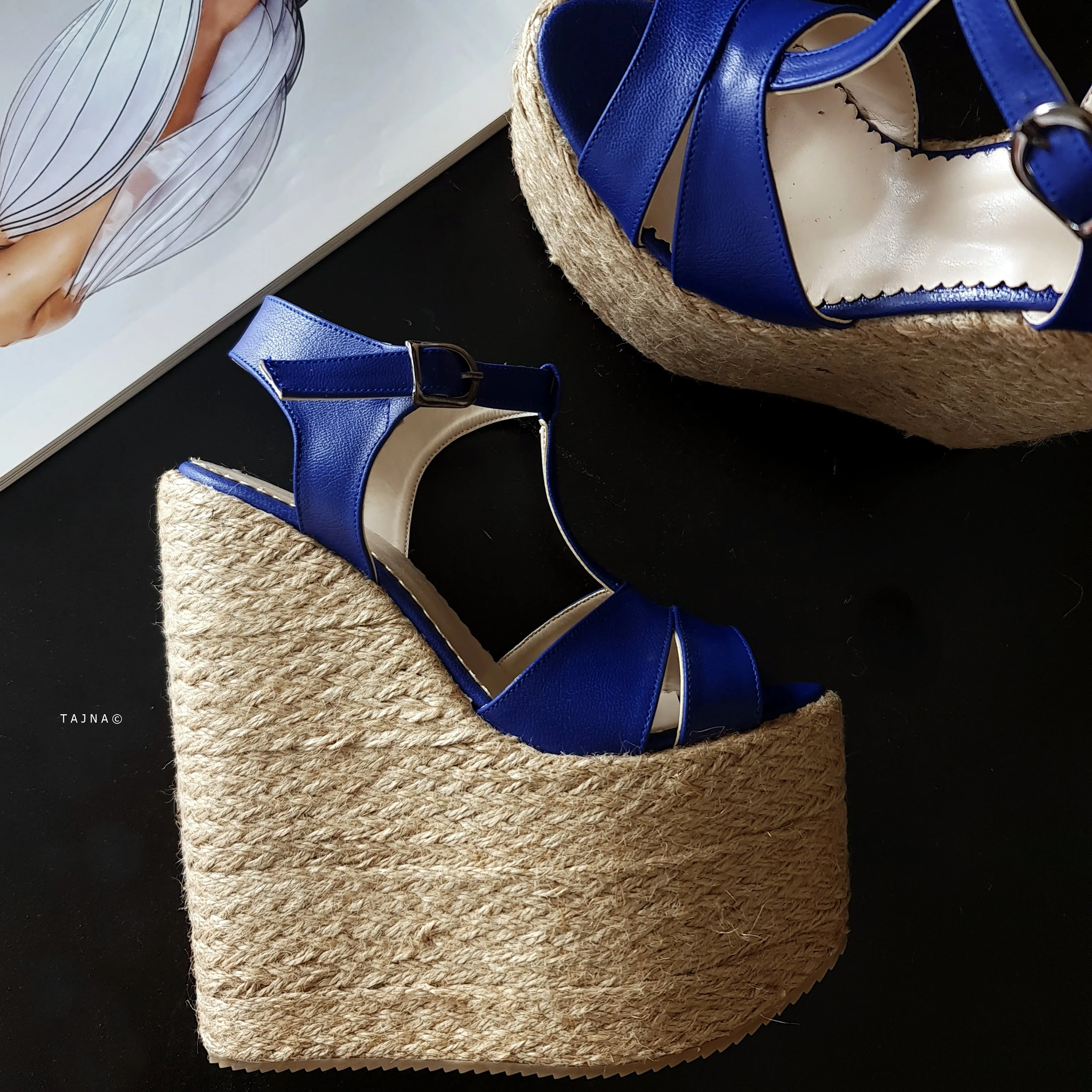 Blue T-Strap High Heel Wedge Platform Espadrils