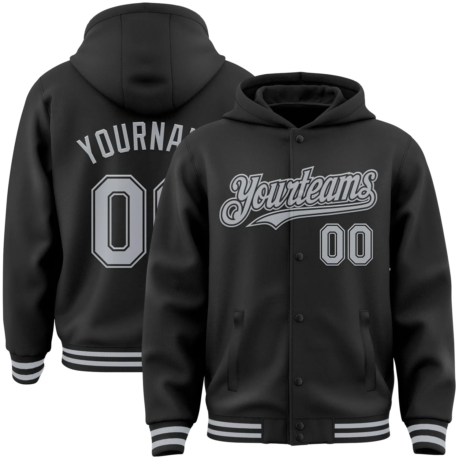 Custom Black Gray Bomber Full-Snap Varsity Letterman Hoodie Jacket