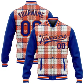 Custom Orange Royal-White Check Board 3D Pattern Design Bomber Full-Snap Varsity Letterman Jacket