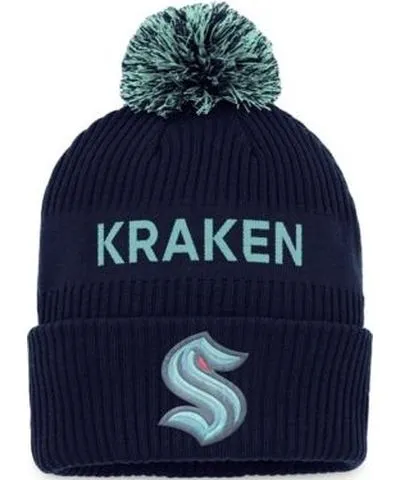 Fanatics Men's NHL Fanatics Deep Sea Blue/Light Seattle Kraken 2022 NHL Draft Authentic Pro Cuffed Knit Hat with Pom