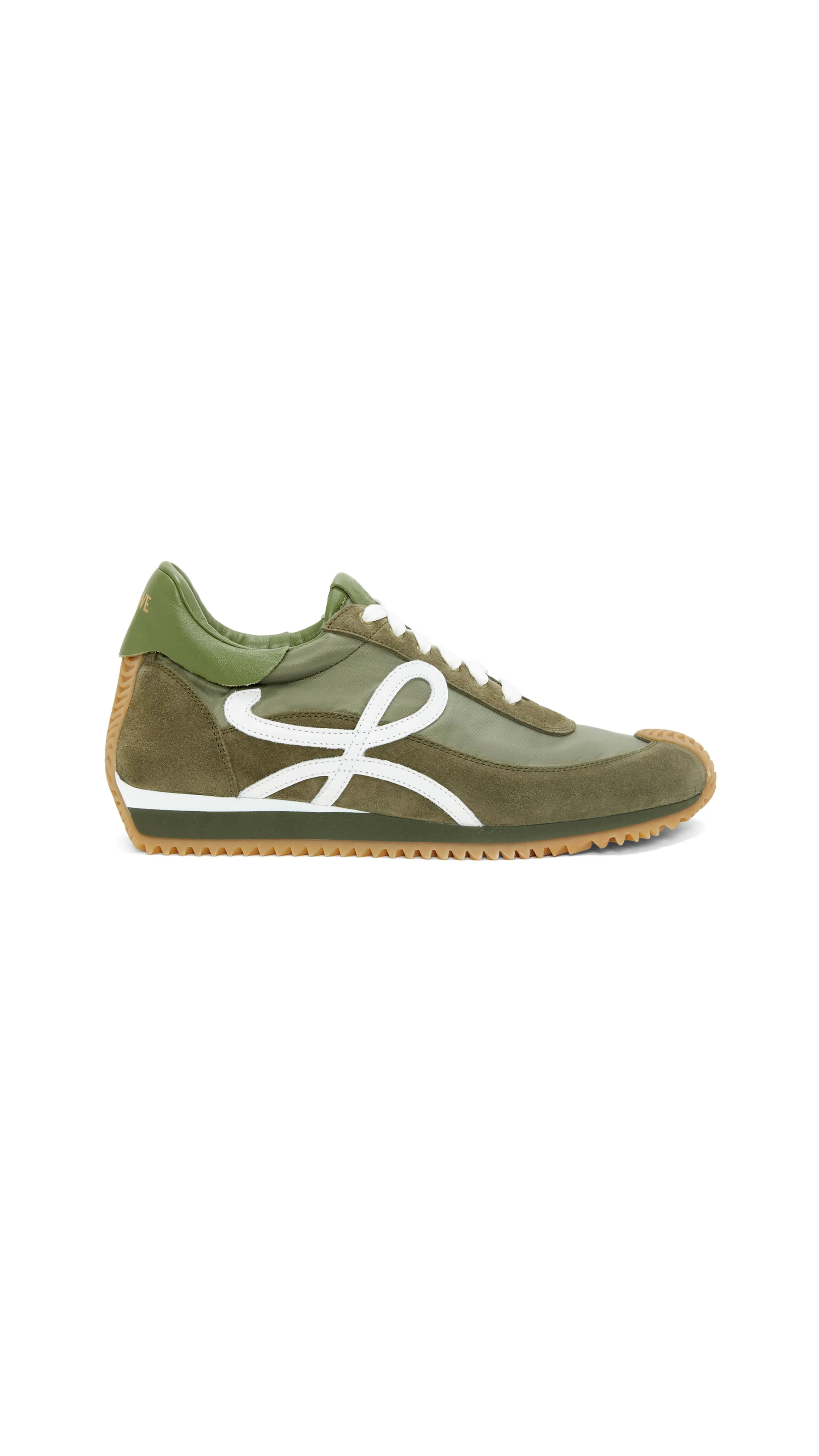 Flow Runner In Nylon And Suede - Olive/White