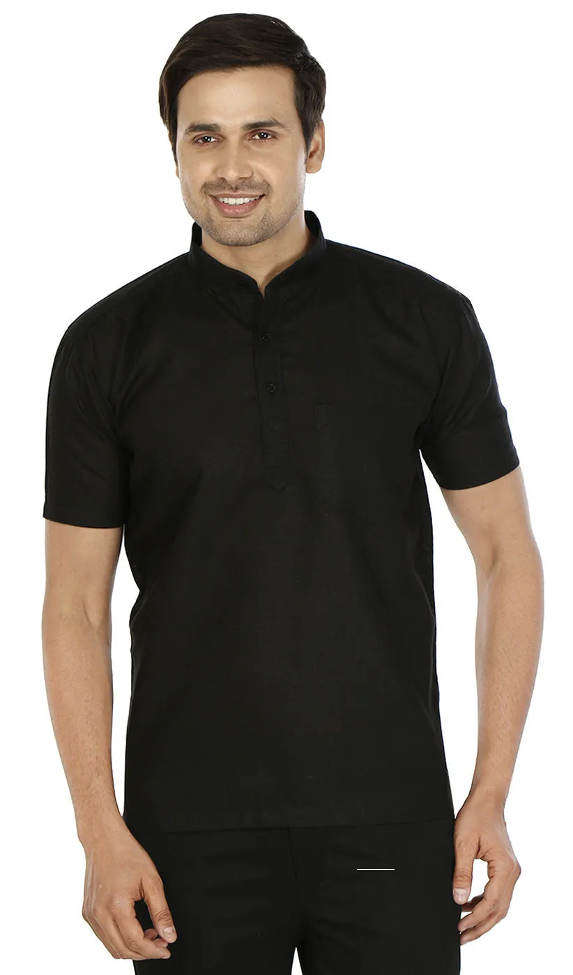 Indian Clothing Fashion Mens Short Sleeve Kurta Cotton (Black)