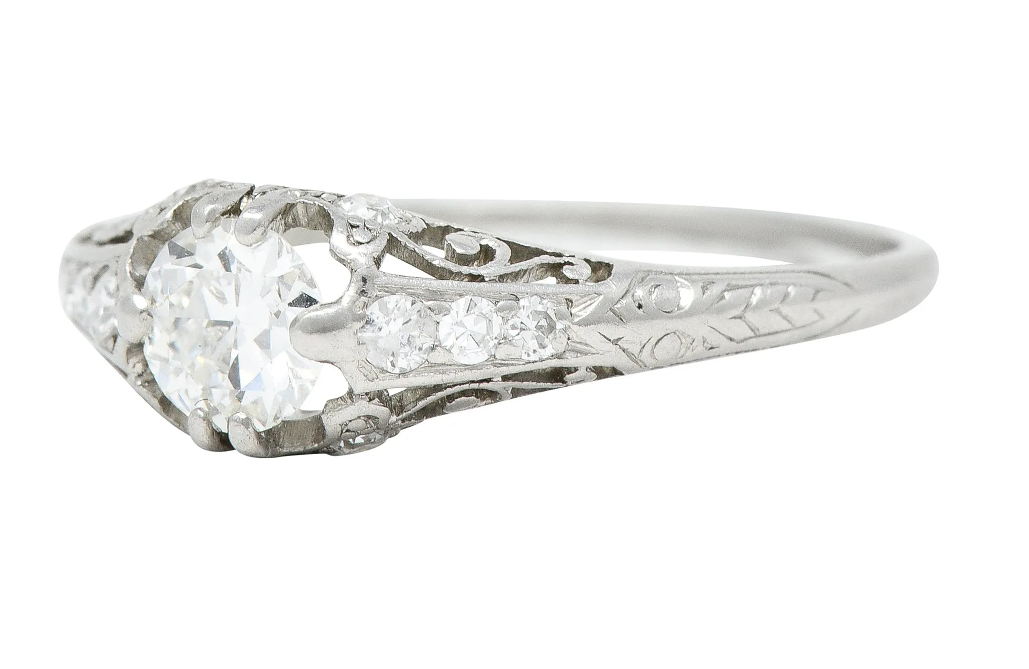 J. E. Caldwell & Co. 1920's Art Deco 0.56 CTW Old European Cut Diamond Platinum Scrolling Vine Belcher Set Engagement Ring