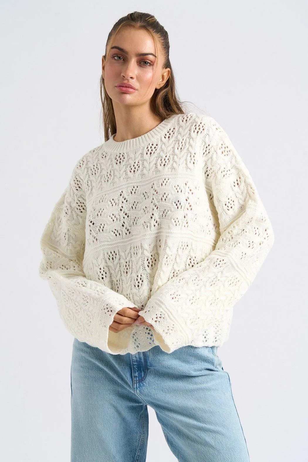 Jumpers & Cardigans | Cream Crew Neck Pointelle Jumper | Urban Bliss