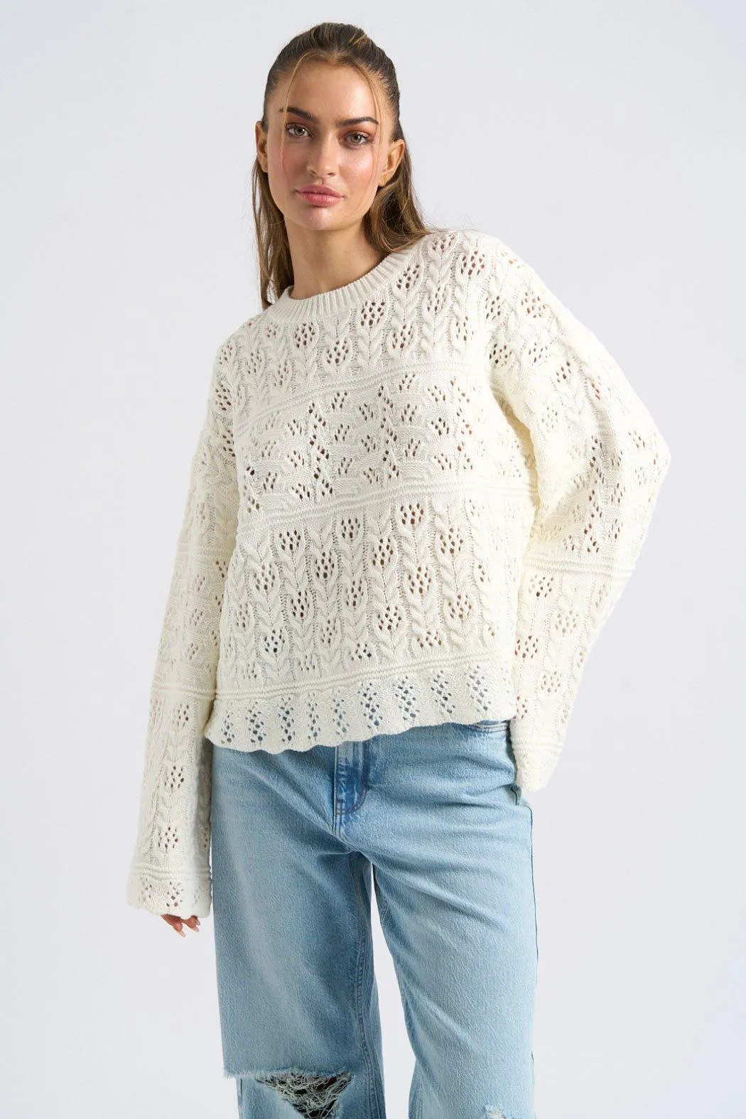 Jumpers & Cardigans | Cream Crew Neck Pointelle Jumper | Urban Bliss