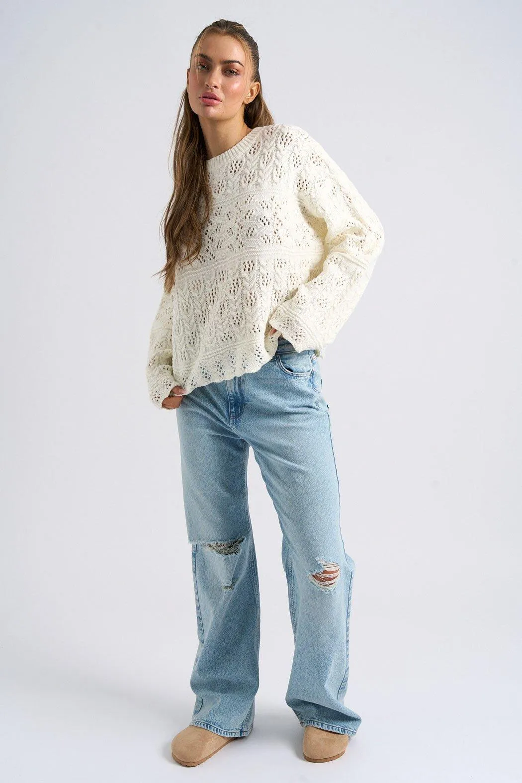 Jumpers & Cardigans | Cream Crew Neck Pointelle Jumper | Urban Bliss