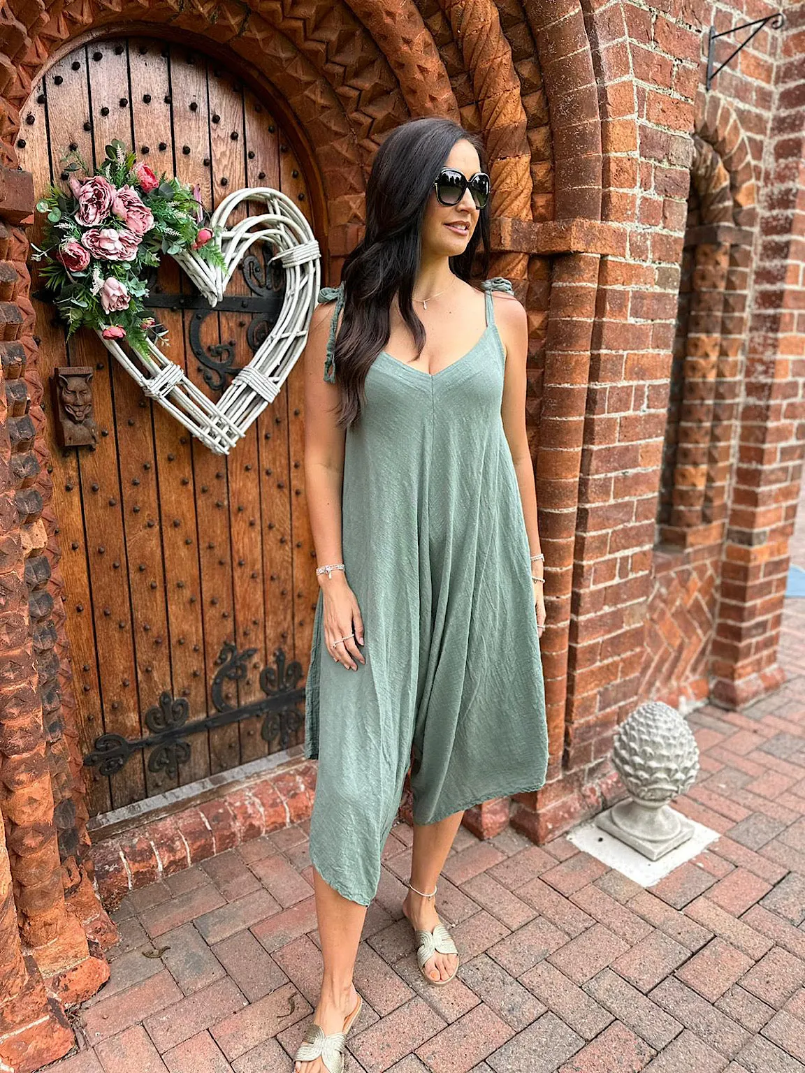 Khaki Cotton Sleeveless Jumpsuit