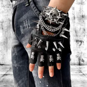 Leather Fingerless Biker Spike Skull Gloves Bracelets