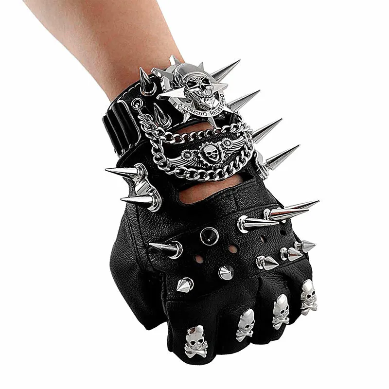 Leather Fingerless Biker Spike Skull Gloves Bracelets