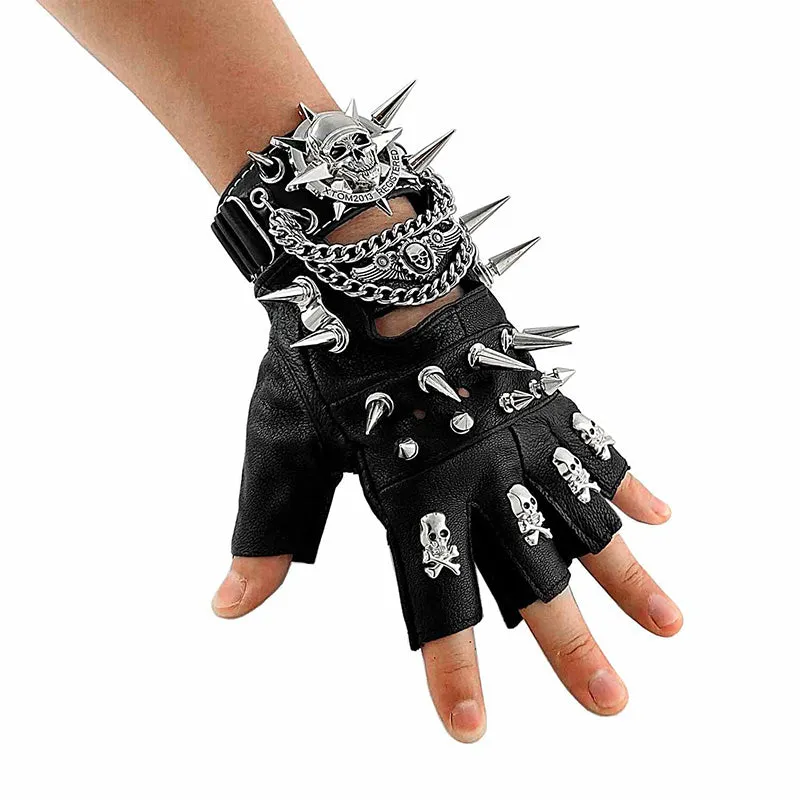 Leather Fingerless Biker Spike Skull Gloves Bracelets