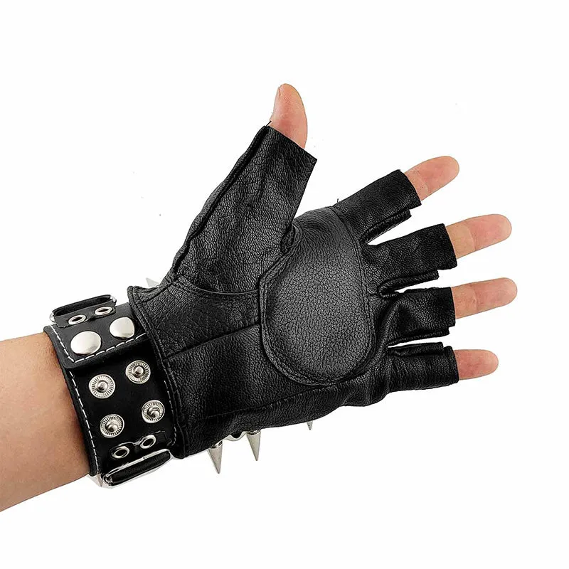 Leather Fingerless Biker Spike Skull Gloves Bracelets