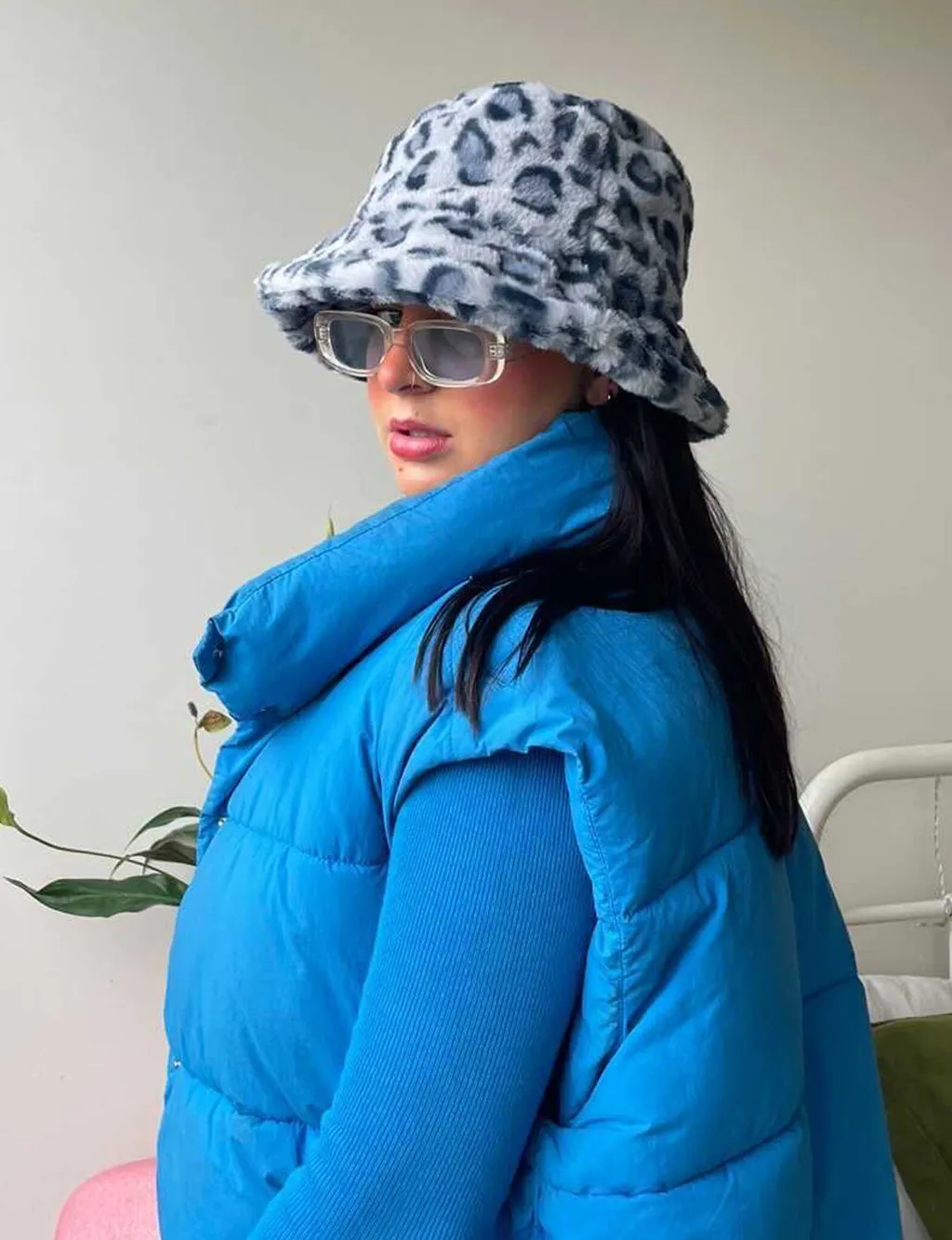 LEOPARD FUZZY HAT - GREY & BLUE