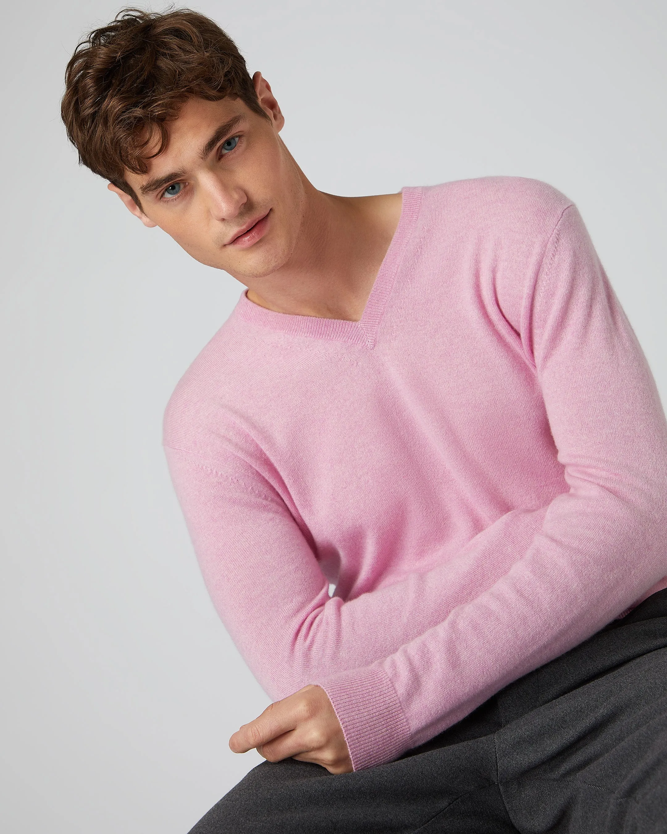 Men's Burlington V Neck Cashmere Jumper Flamingo Pink