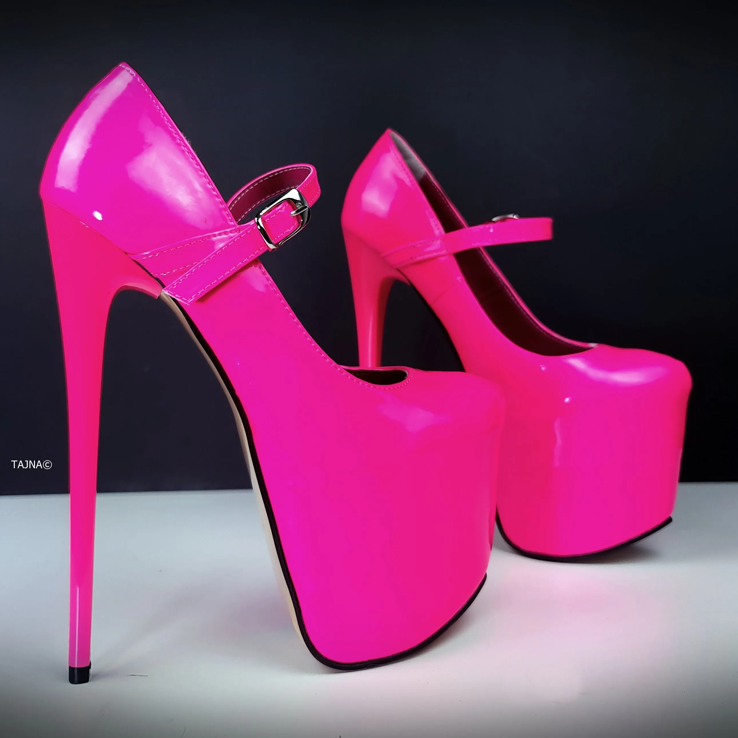 Neon Pink Gloss Mary Jane High Heel Pumps