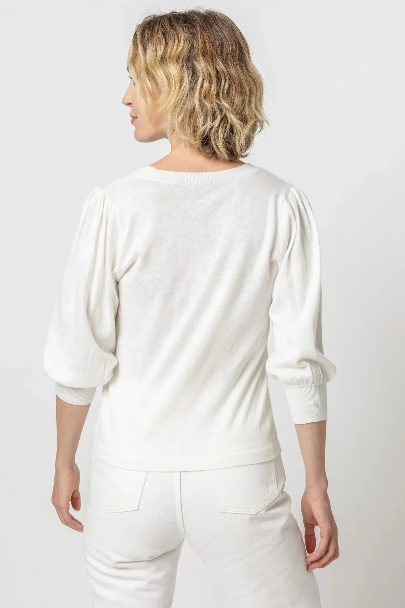 Puff Sleeve V-Neck Sweater in White