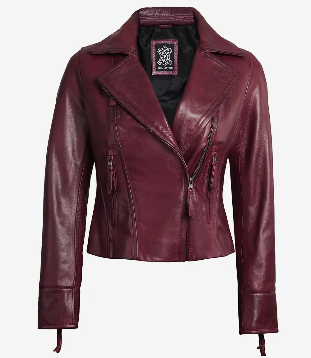 Ramsey Women's Maroon Asymmetrical Waxed Biker Leather Jacket