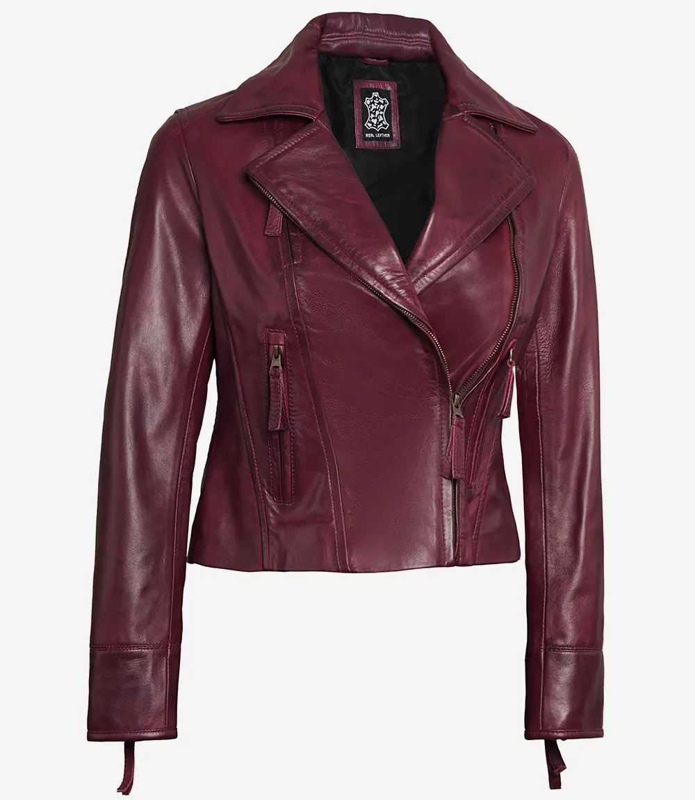 Ramsey Women's Maroon Asymmetrical Waxed Biker Leather Jacket