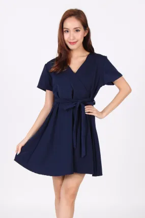 Sleeve Wrap Skater Dress in Navy Blue