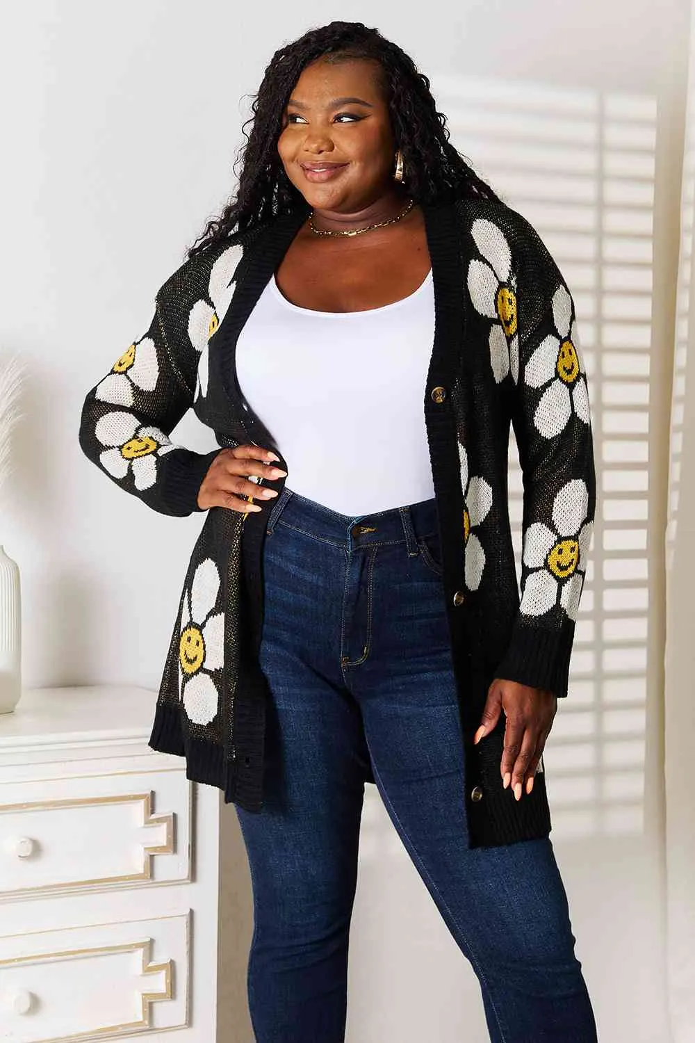 Smiley Face Floral Button Down Longline Cardigan in Black