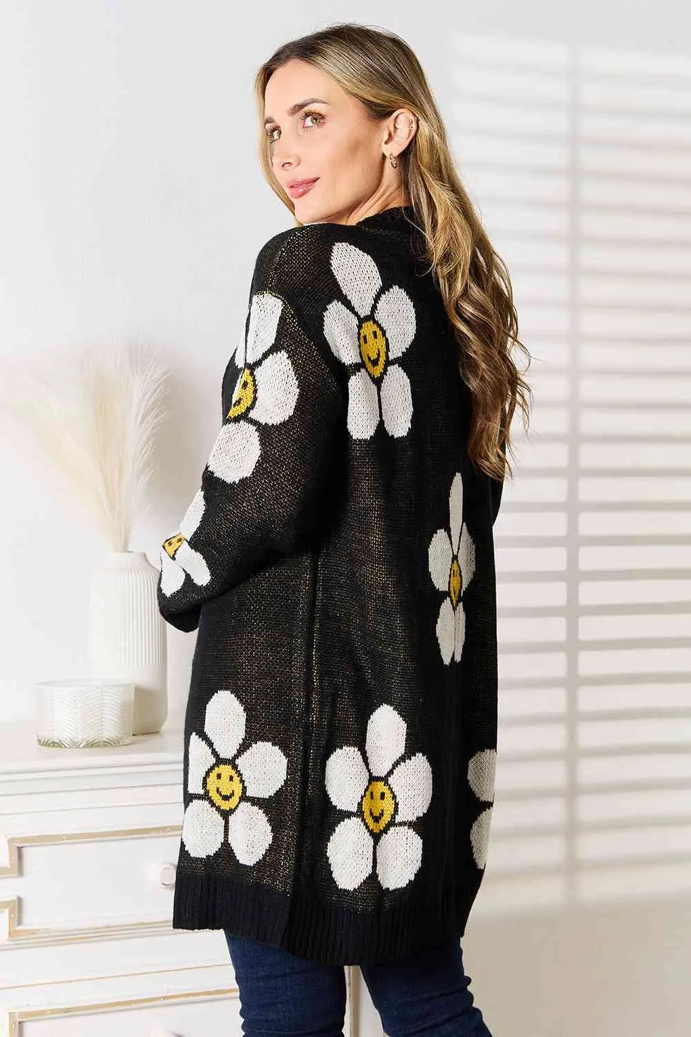 Smiley Face Floral Button Down Longline Cardigan in Black