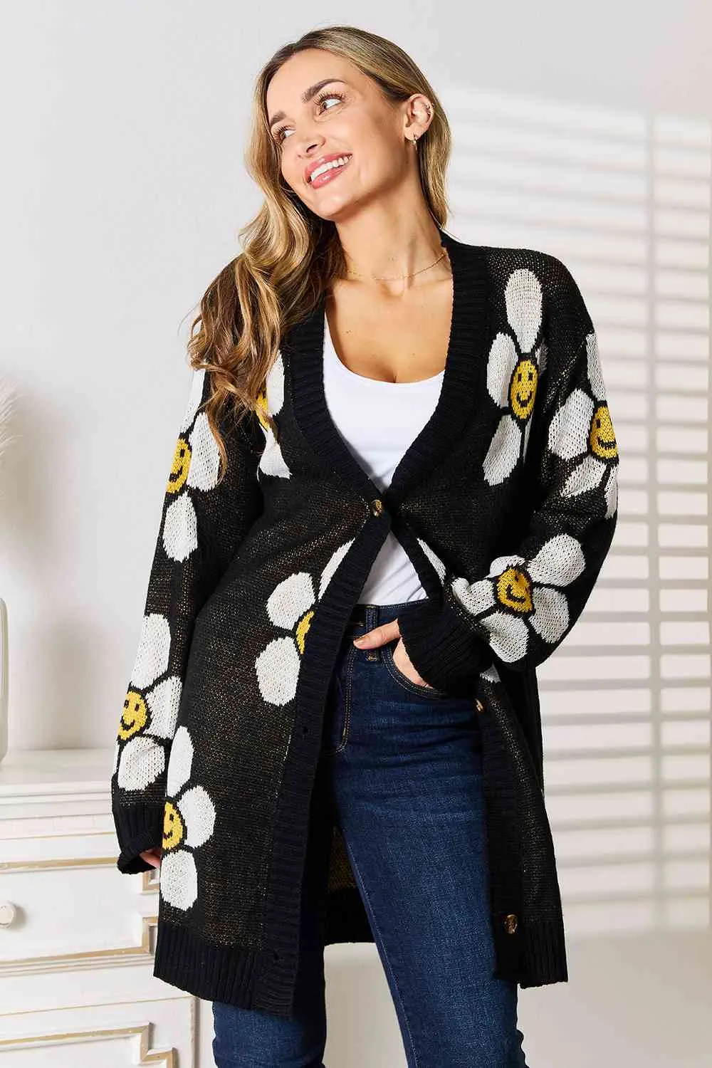 Smiley Face Floral Button Down Longline Cardigan in Black