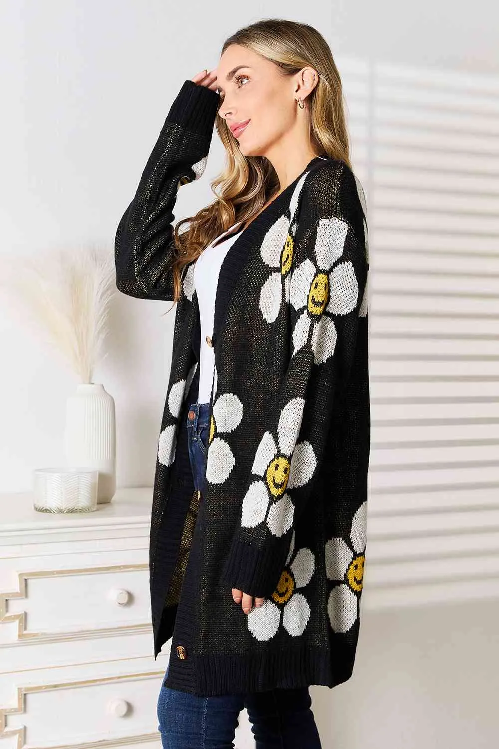 Smiley Face Floral Button Down Longline Cardigan in Black