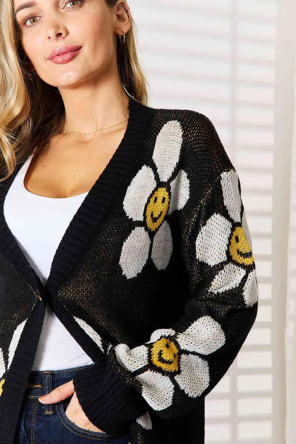 Smiley Face Floral Button Down Longline Cardigan in Black