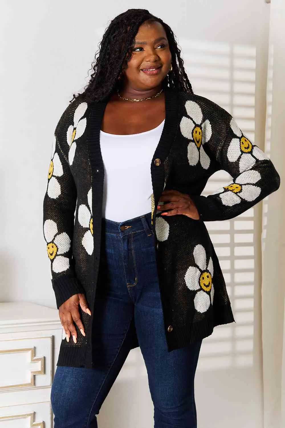 Smiley Face Floral Button Down Longline Cardigan in Black