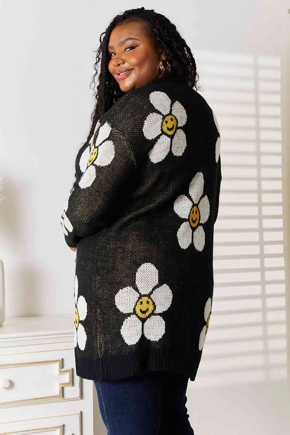 Smiley Face Floral Button Down Longline Cardigan in Black