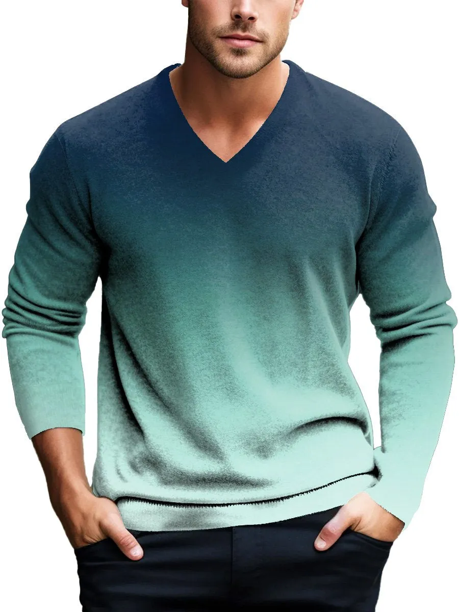 V-Neck Retro Gradient Printed Casual Pullover Knitted Sweater