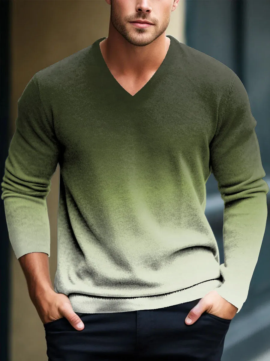 V-Neck Retro Gradient Printed Casual Pullover Knitted Sweater