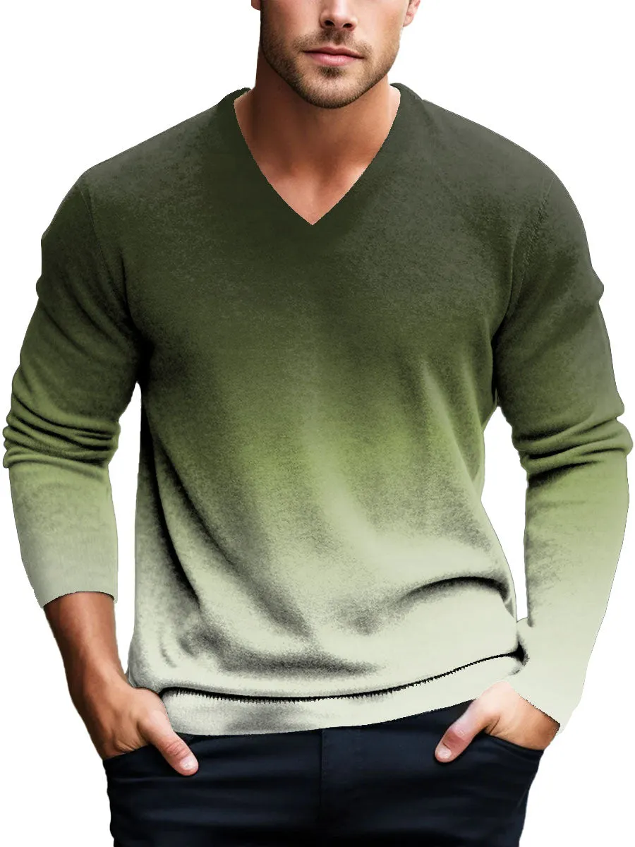 V-Neck Retro Gradient Printed Casual Pullover Knitted Sweater