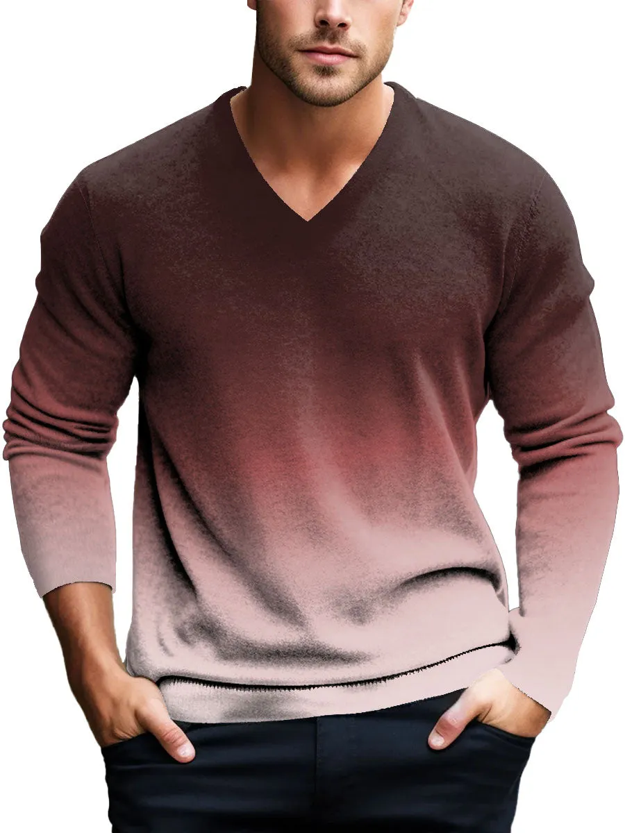 V-Neck Retro Gradient Printed Casual Pullover Knitted Sweater