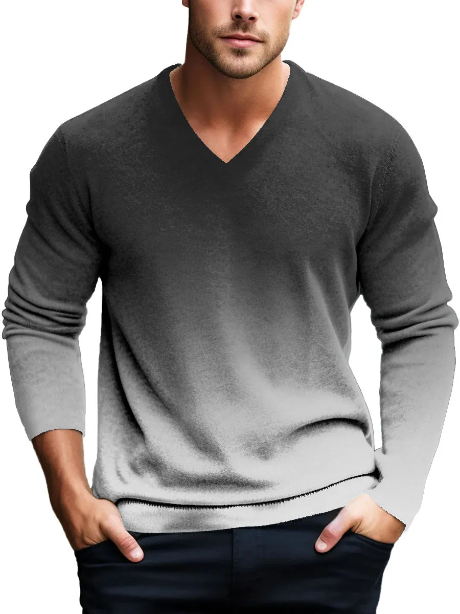 V-Neck Retro Gradient Printed Casual Pullover Knitted Sweater