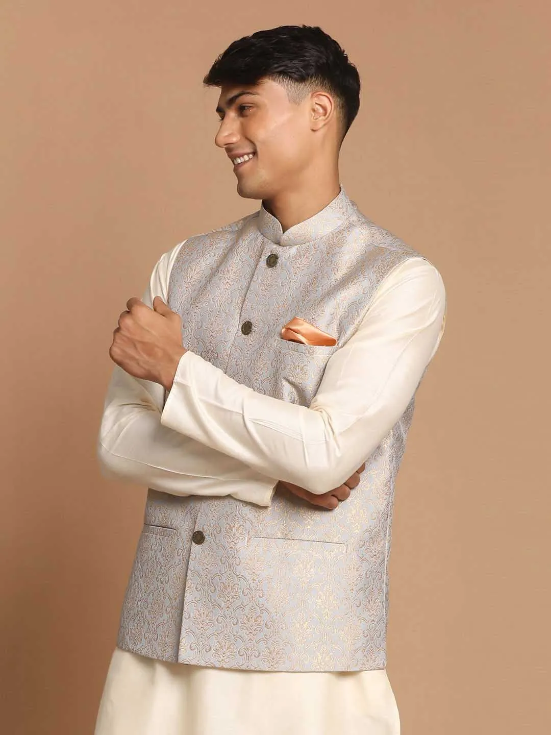 VASTRAMAY Men's Grey Silk Blend Woven Nehru Jacket