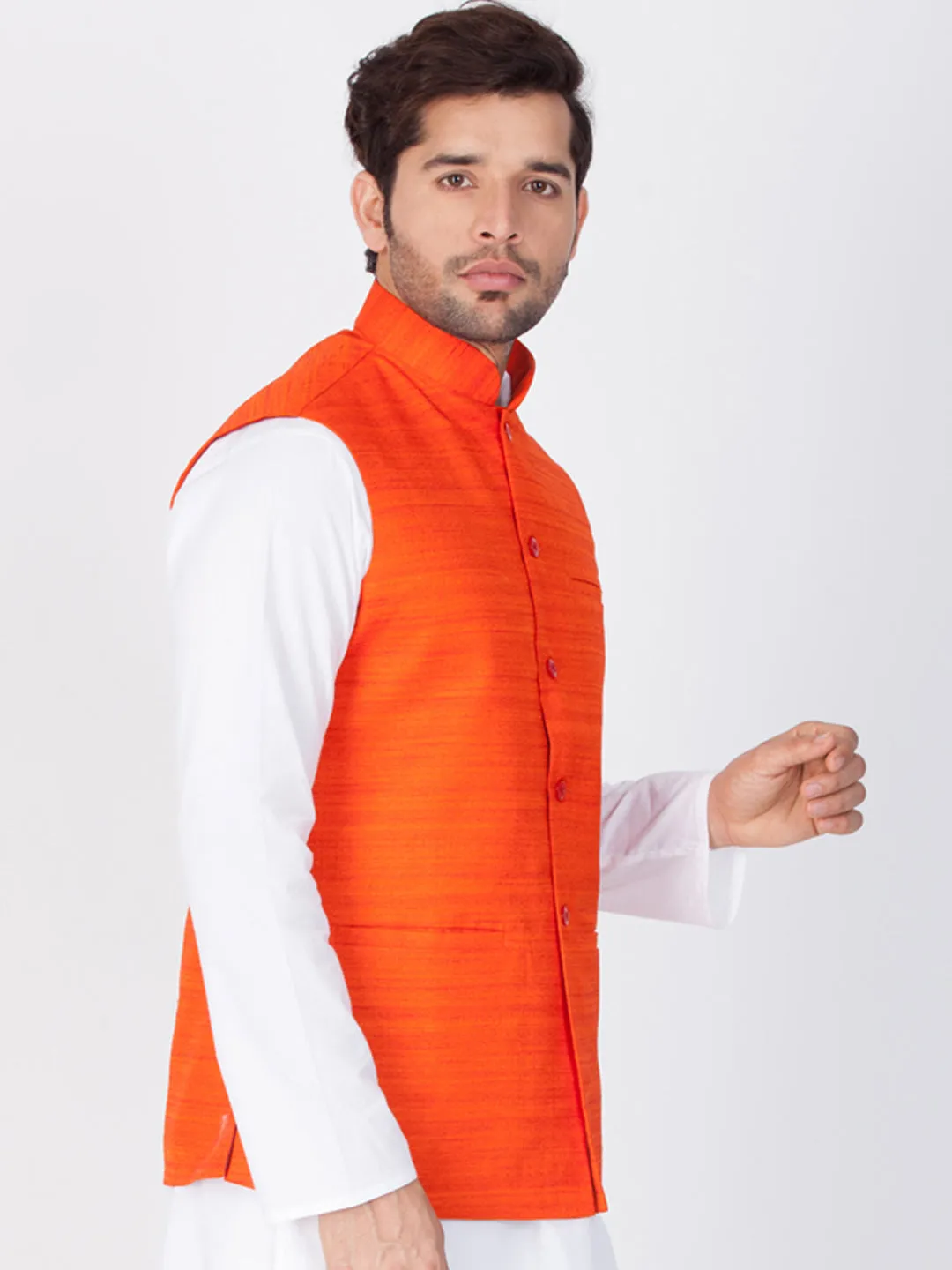 VASTRAMAY Men's Orange Cotton Blend Nehru Jacket