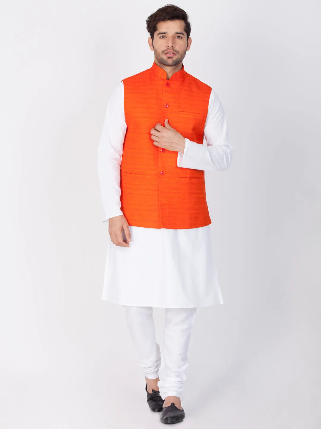 VASTRAMAY Men's Orange Cotton Blend Nehru Jacket