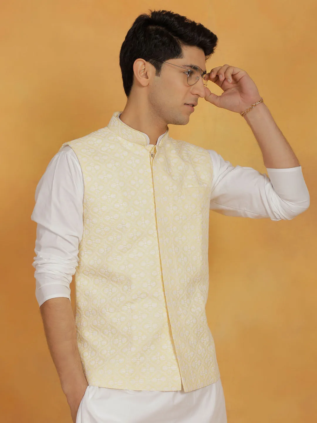 VASTRAMAY Men's Yellow Cotton Nehru Jacket