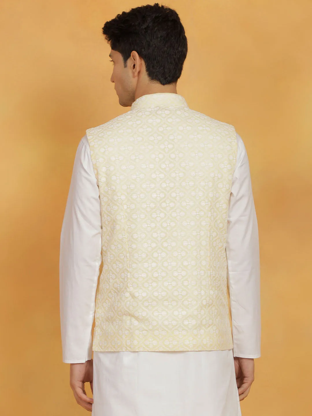 VASTRAMAY Men's Yellow Cotton Nehru Jacket