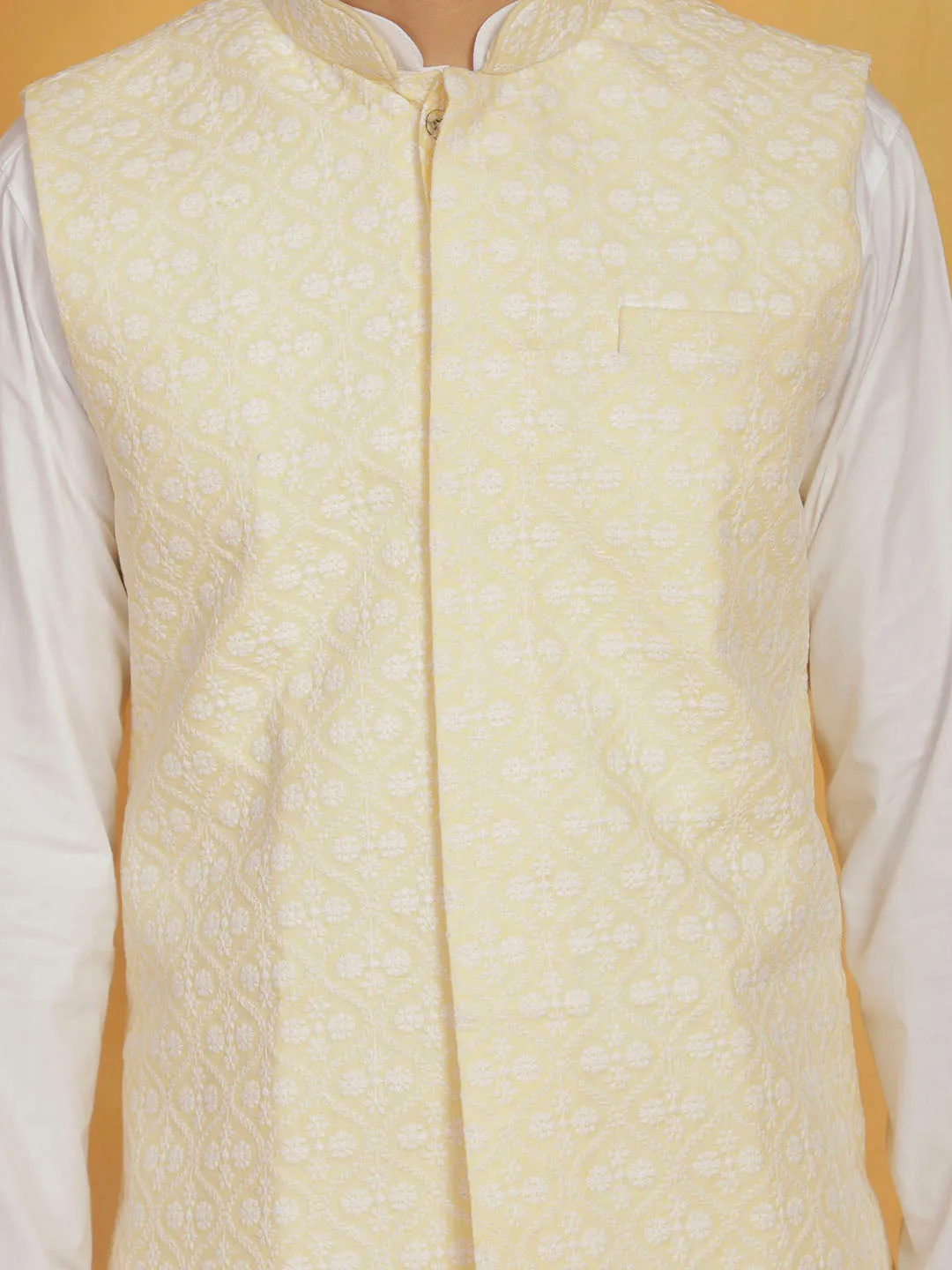 VASTRAMAY Men's Yellow Cotton Nehru Jacket